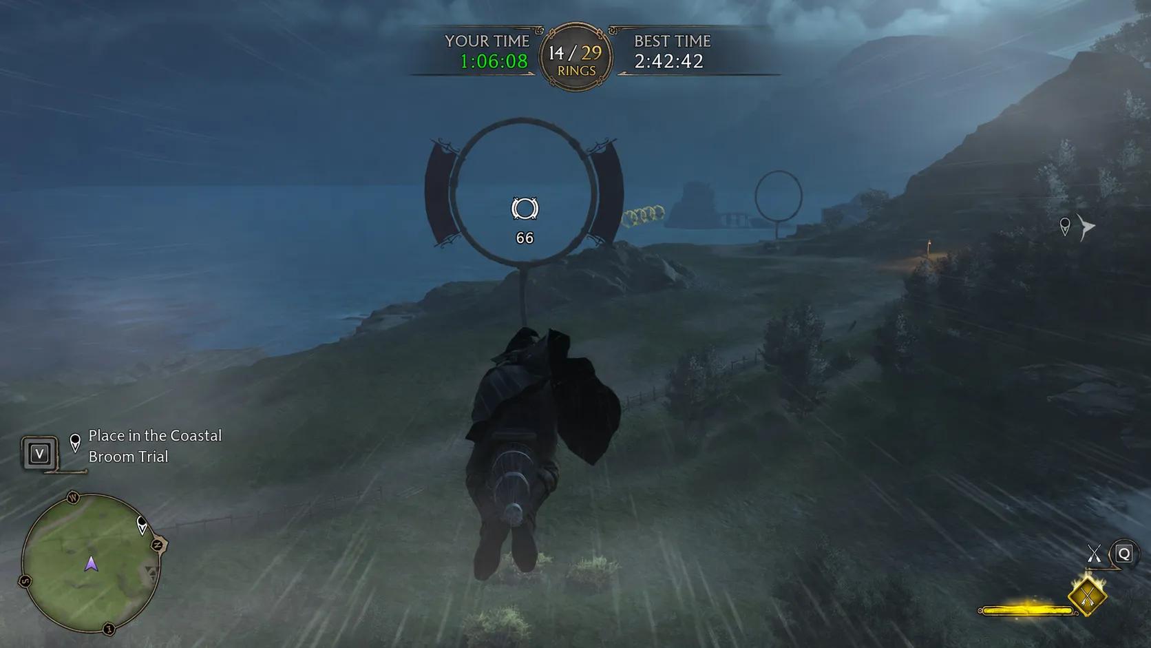 A coastal broom trial with the next enlarged ring visible ahead of the rider.