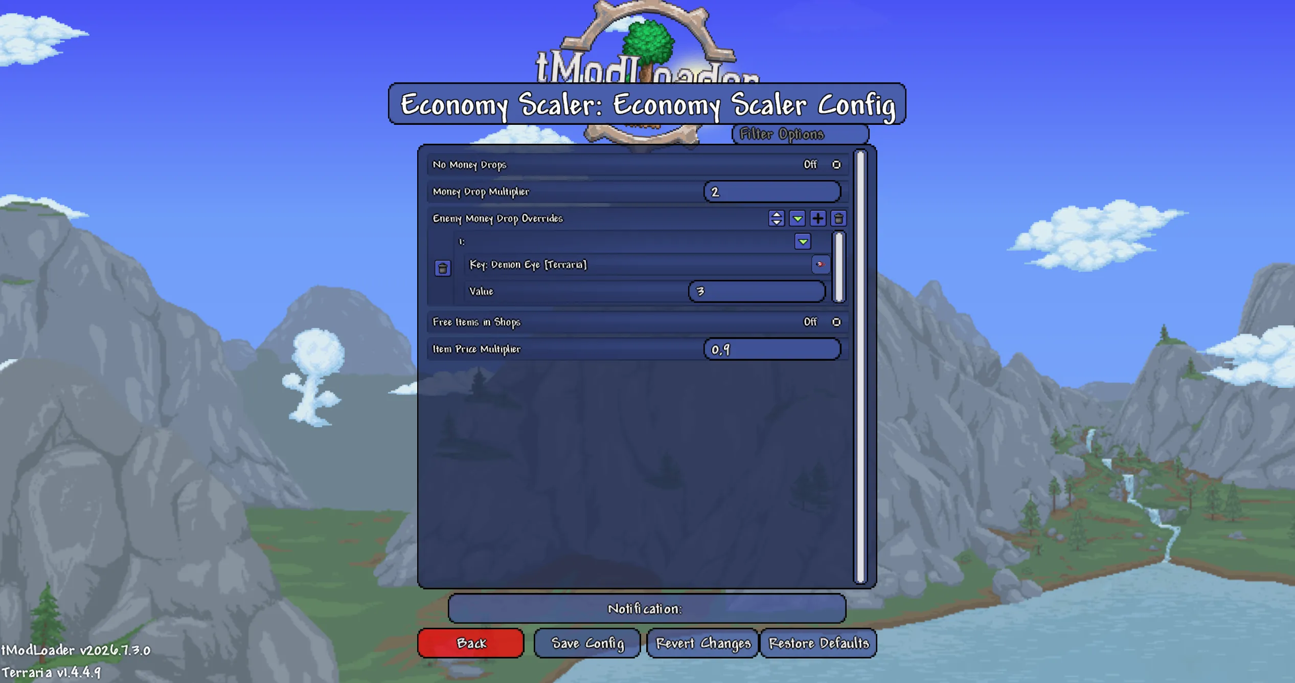 Economy Scaler settings for coin drops, individual enemies, and shop prices.
