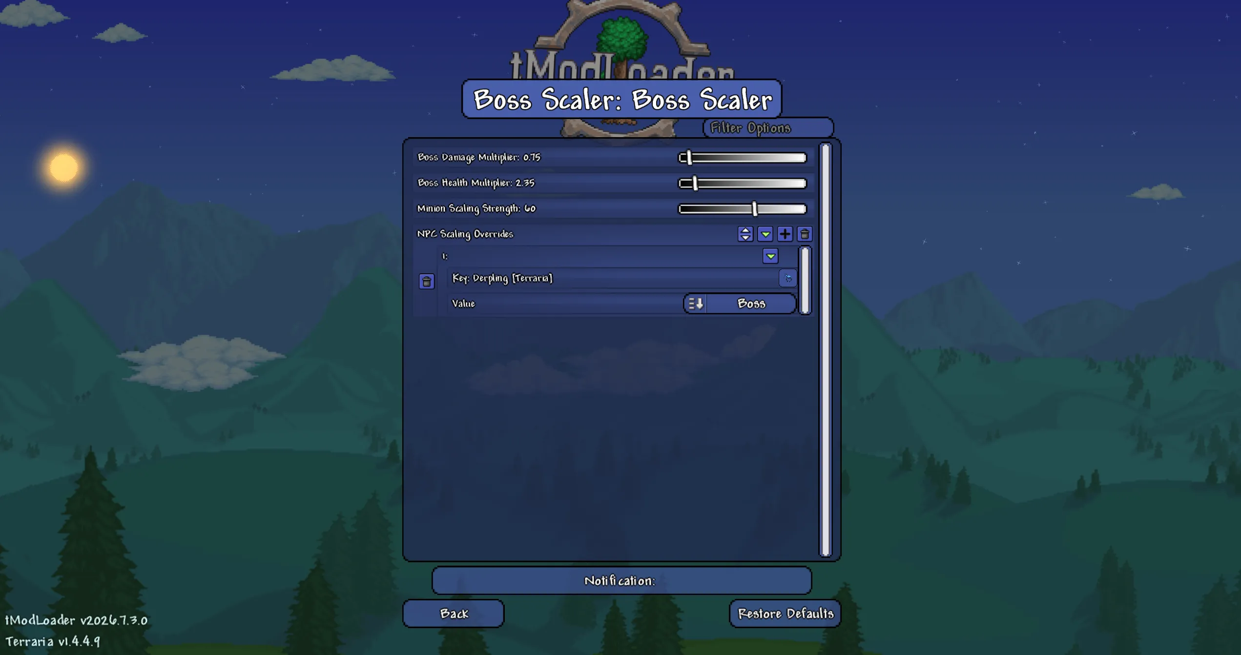 Boss Scaler settings for boss health, damage, minions, and individual enemies.