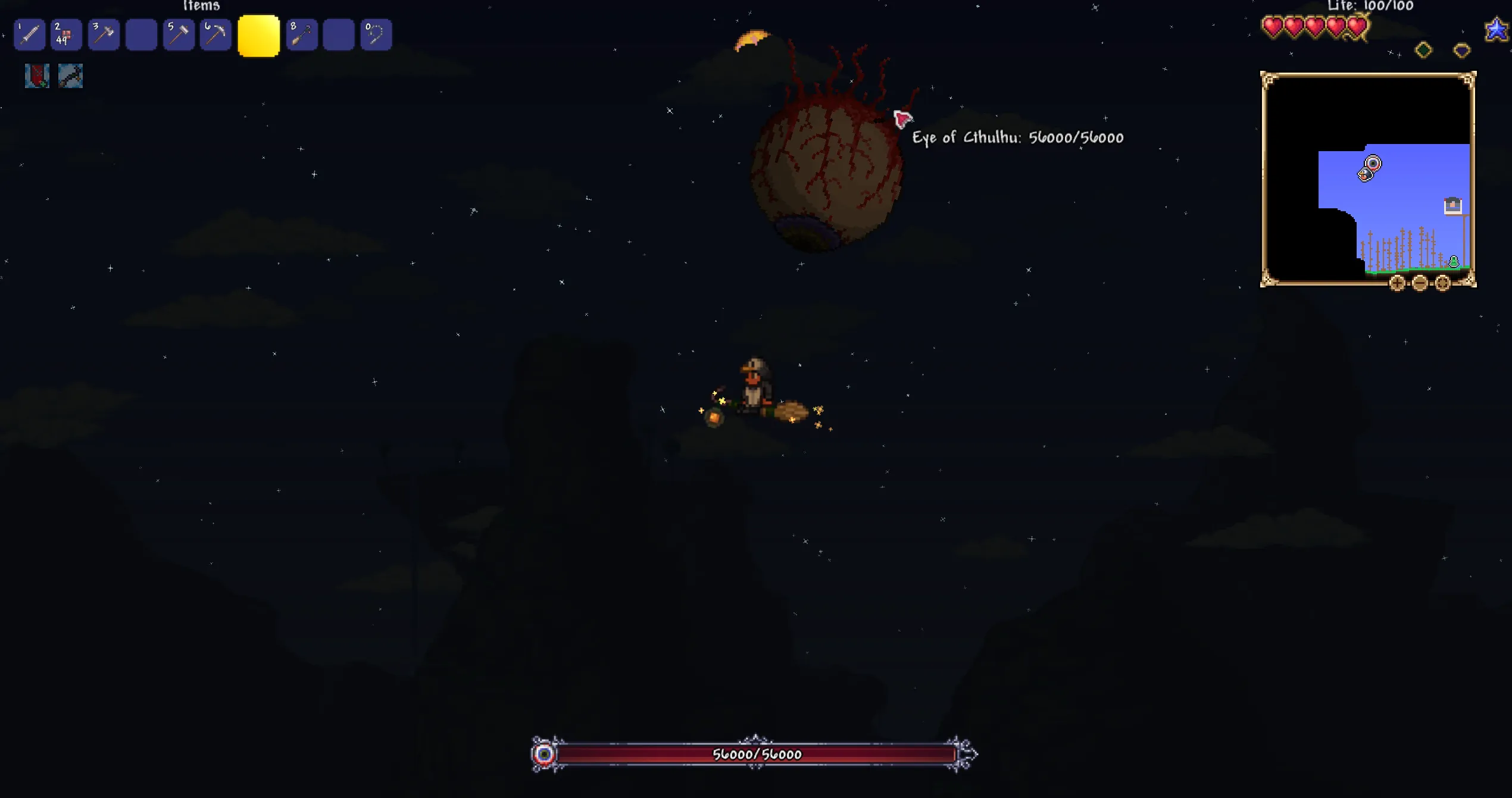 The Eye of Cthulhu with increased health in a Terraria fight.